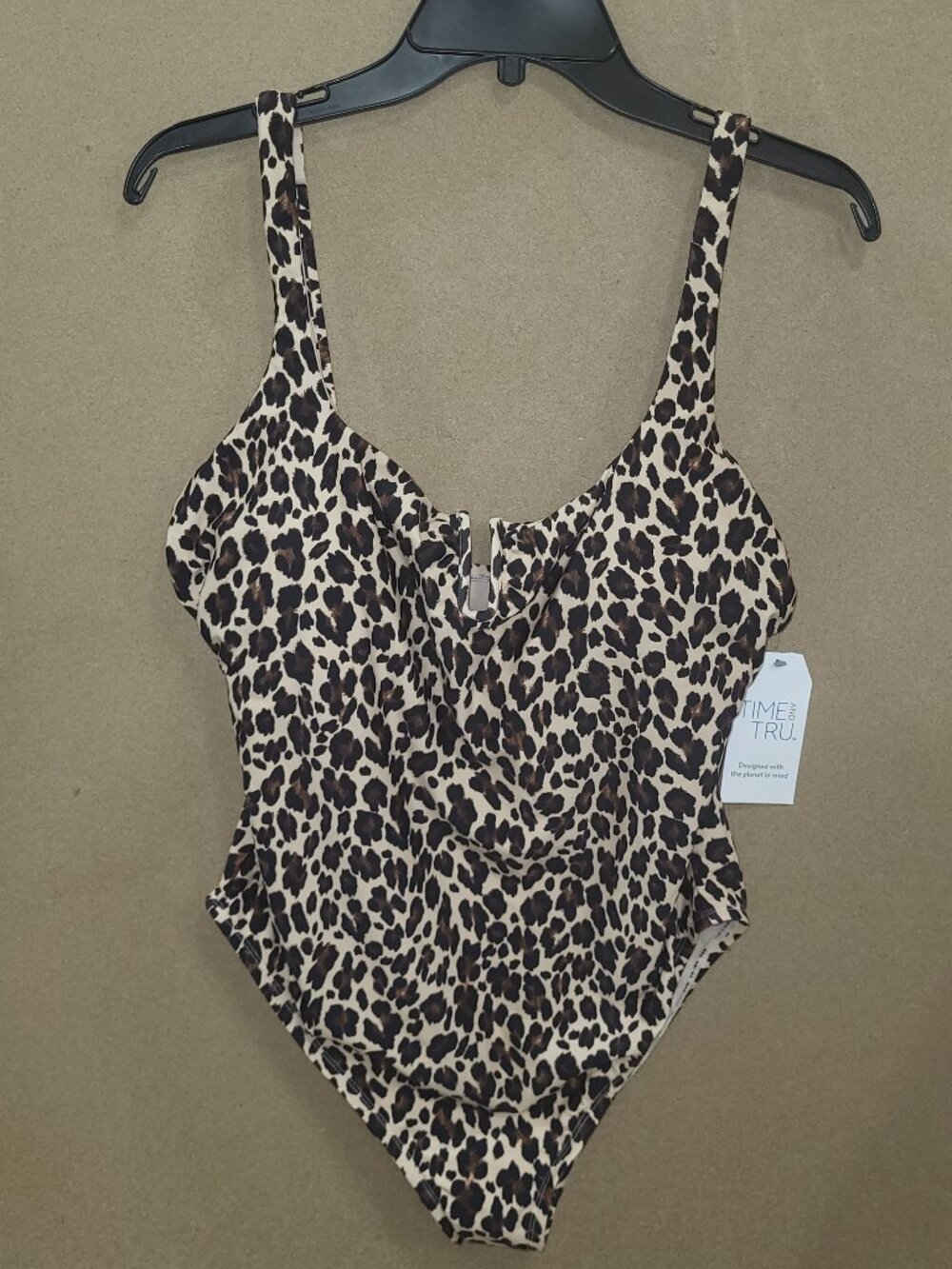 NWT Time and Tru Leopard Print One Piece Swimsuit High Leg Cheeky Size L